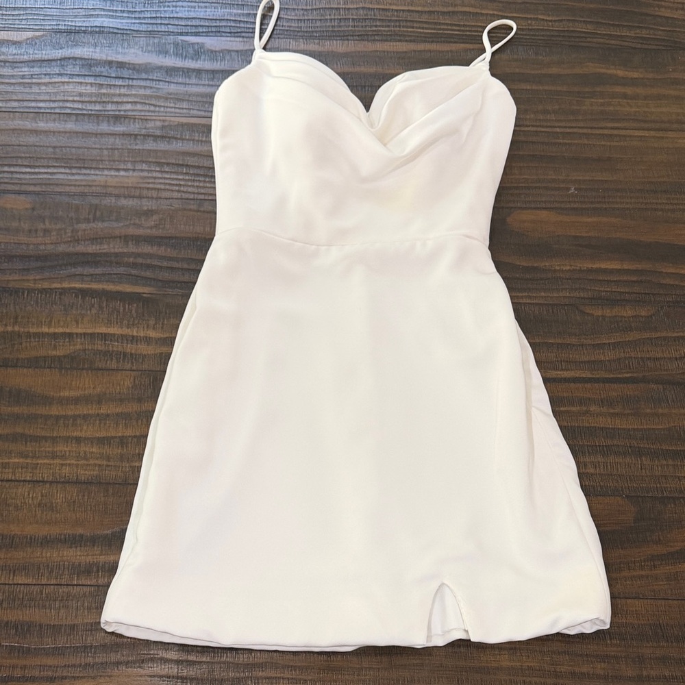 Mori Lee White Spaghetti Strap Mini Wedding Dress edited